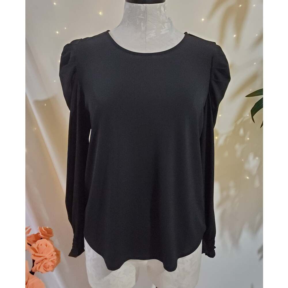 Adrianna Papell Crew Neck Pleated Long Sleeve Smocked Cuff Crepe Top Size S